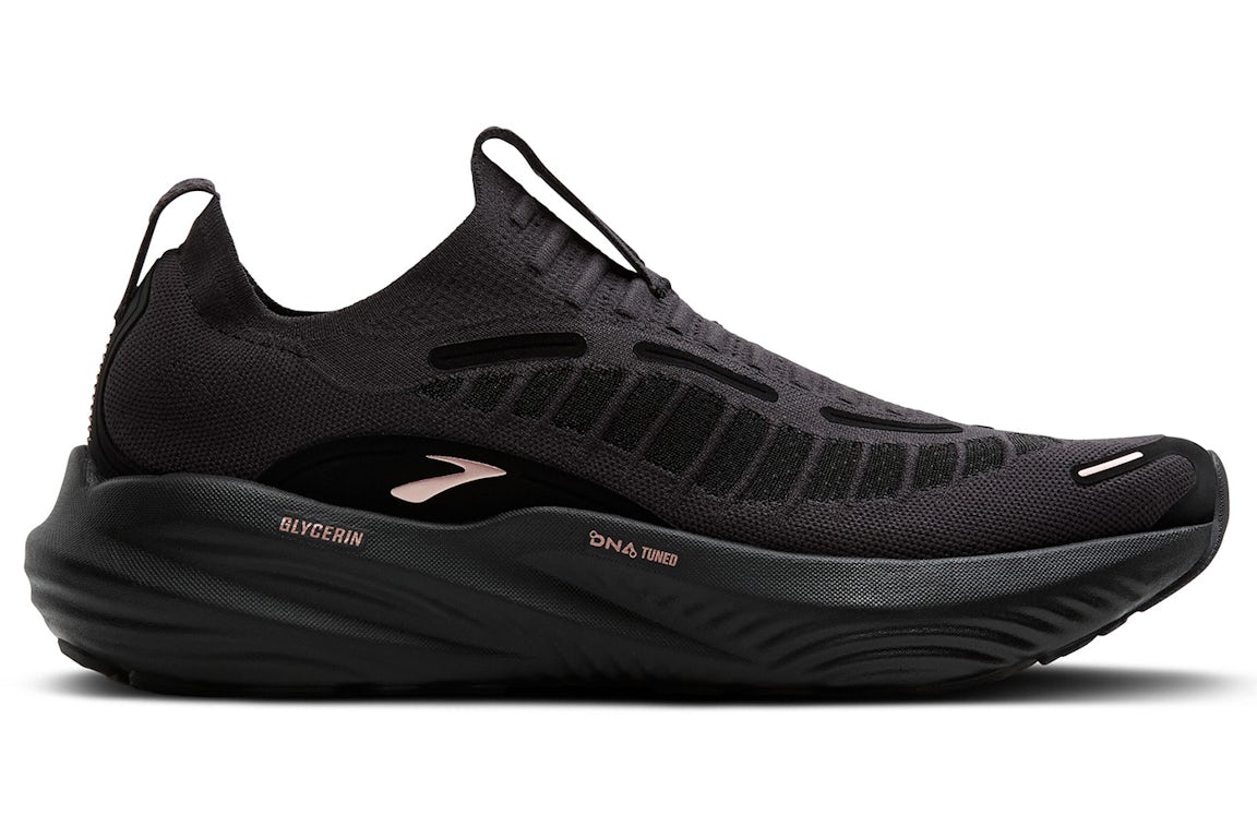 Side view on white background of Womens Brooks Glycerin 22 SE running shoe in Black/Metallic Rose Gold, Medium (Regular) width