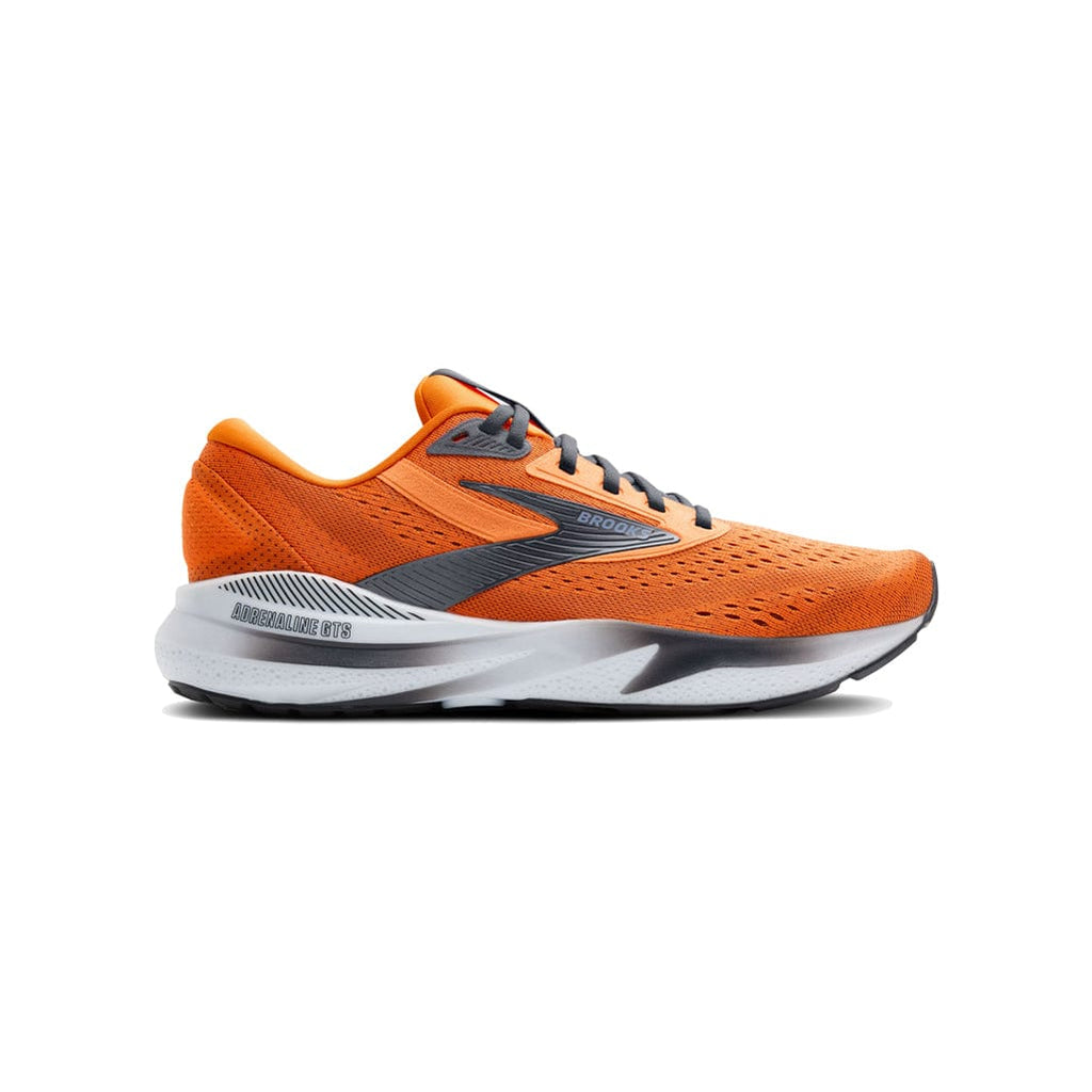 Side view on white background of Mens Brooks Adrenaline GTS 24 running shoe in Orange/Ebony/Country Blue, Medium (Regular) width