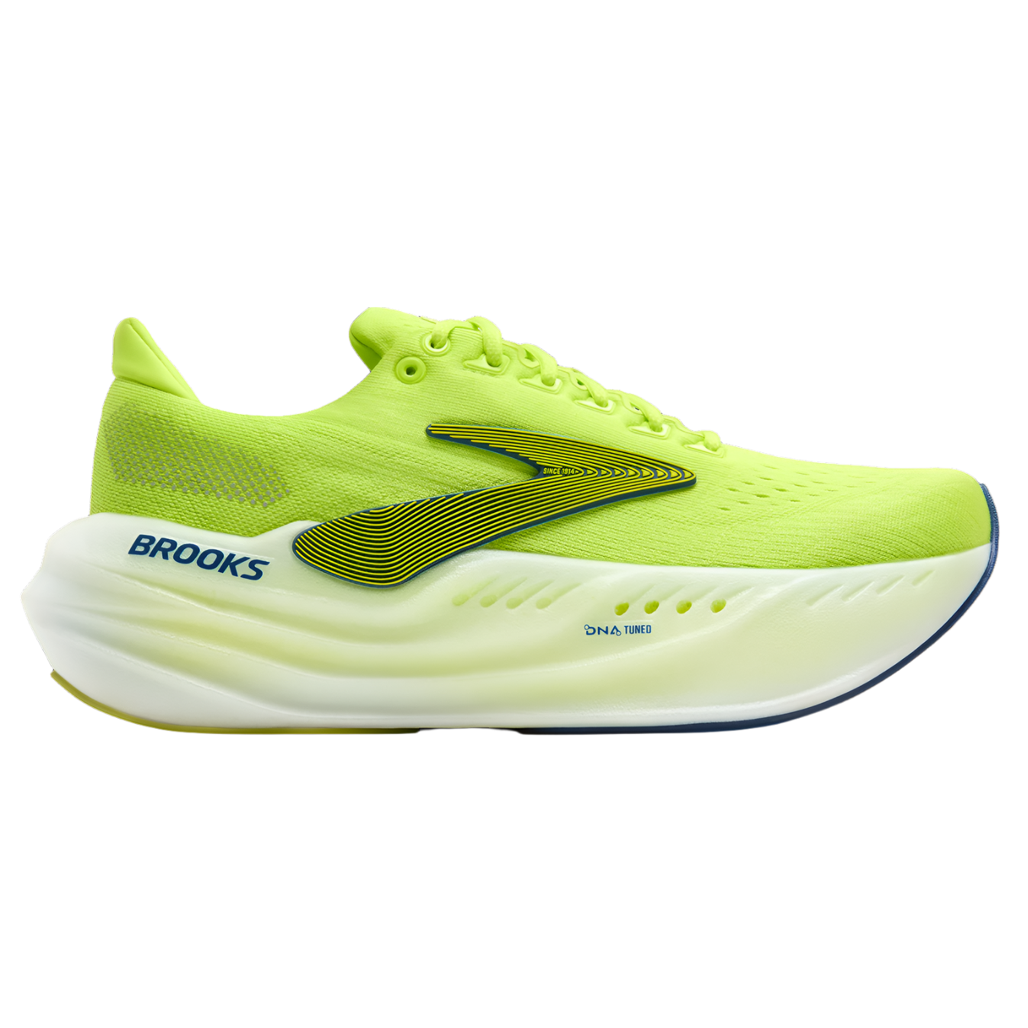 Side view on white background of Mens Brooks Glycerin Max running shoe in Lime/Navy Peony/White, Medium (Regular) width