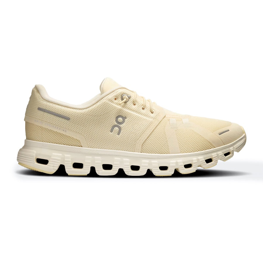 Side view on white background of Womens On Cloud 6 running shoe in Castor/Ivory, Medium (Regular) width