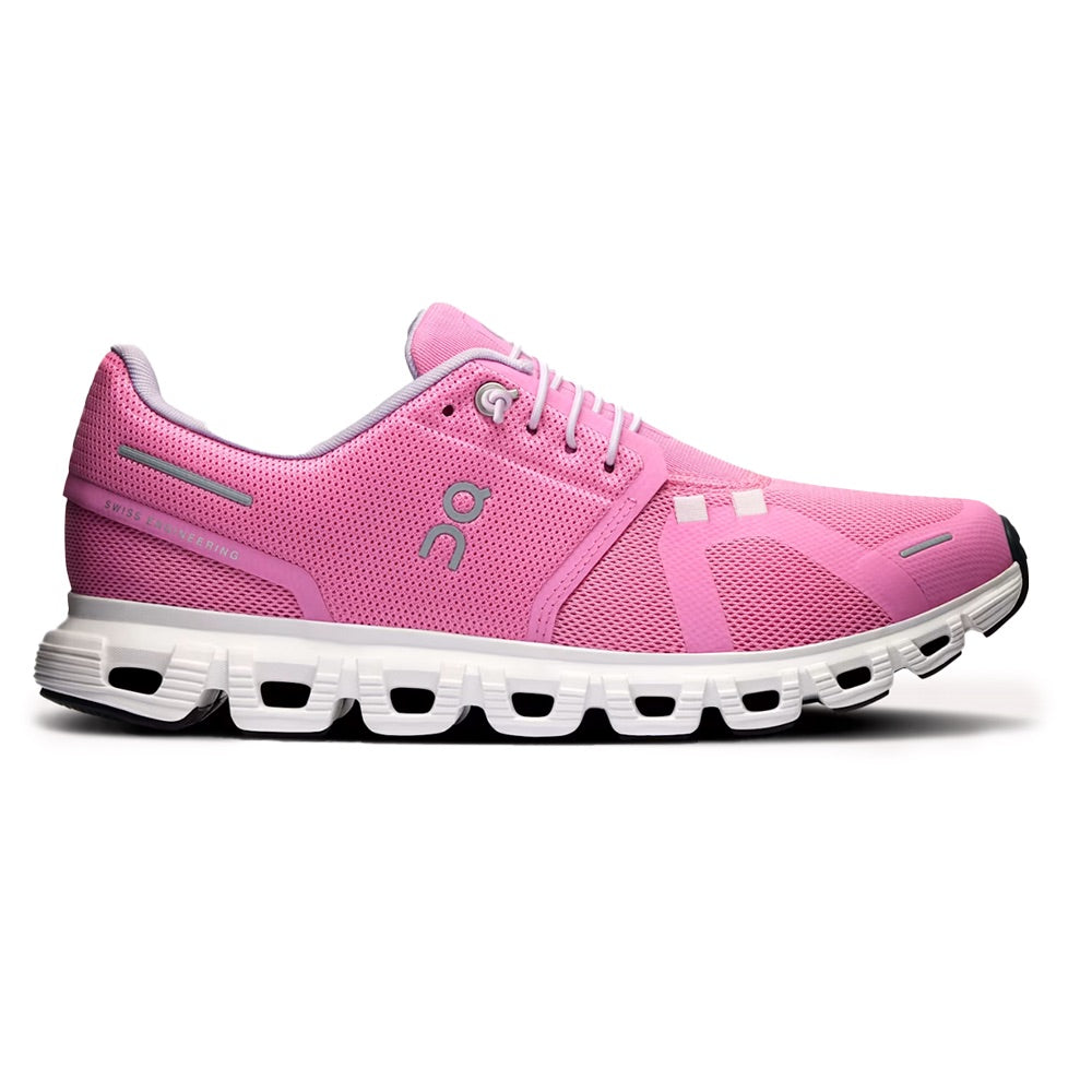 Side view on white background of Womens On Cloud 6 running shoe in Raspberry/White, Medium (Regular) width