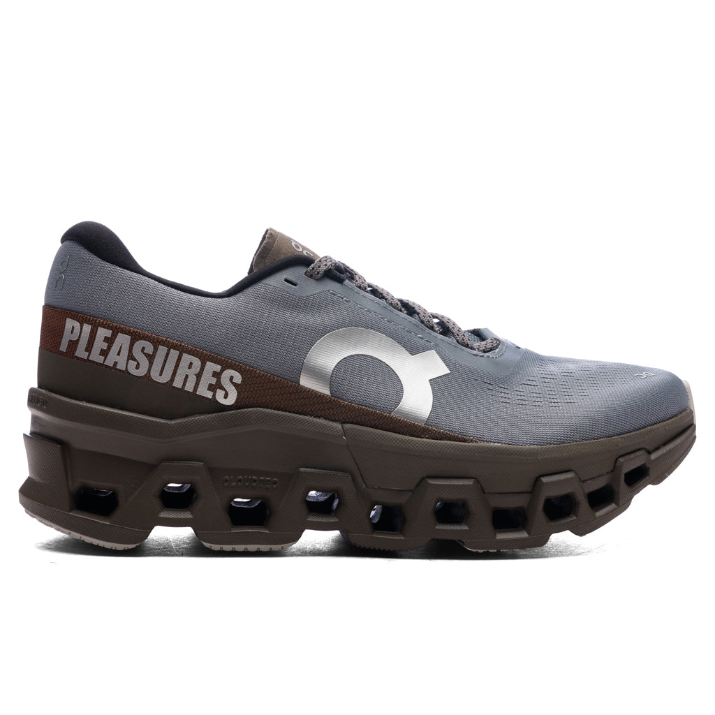 Side view on white background of Womens On Cloudmonster 2 PLS-TL running shoe in Mist/Olive, Medium (Regular) width