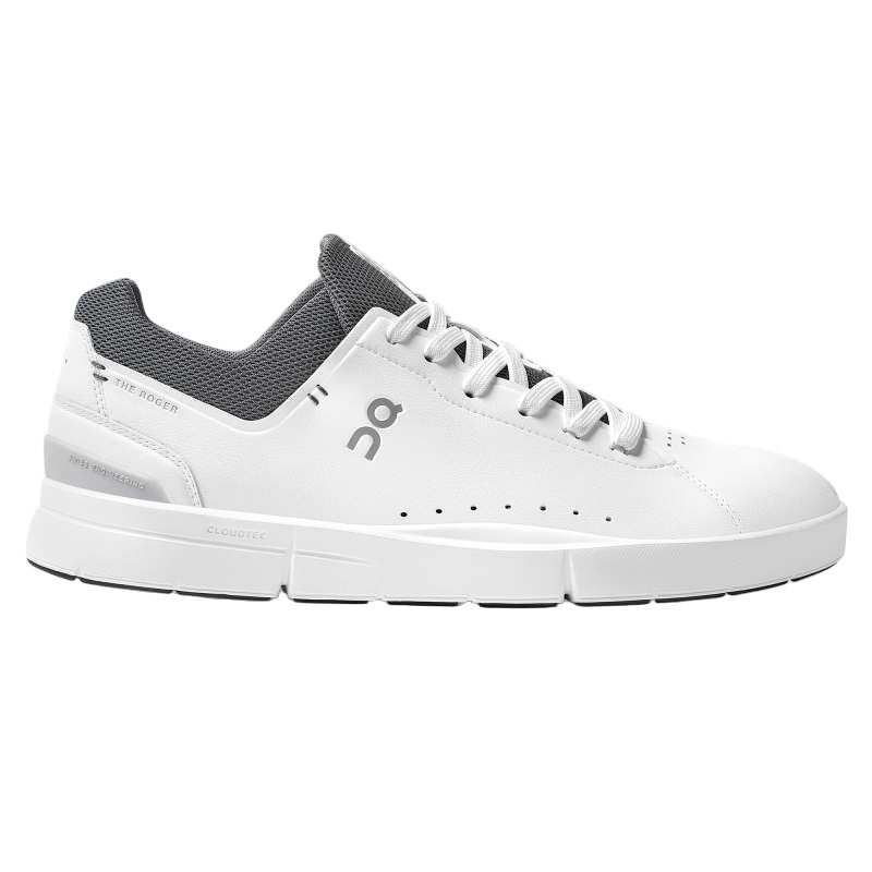 Side view on white background of Mens On The Roger Advantage running shoe in White/Rock, Medium (Regular) width