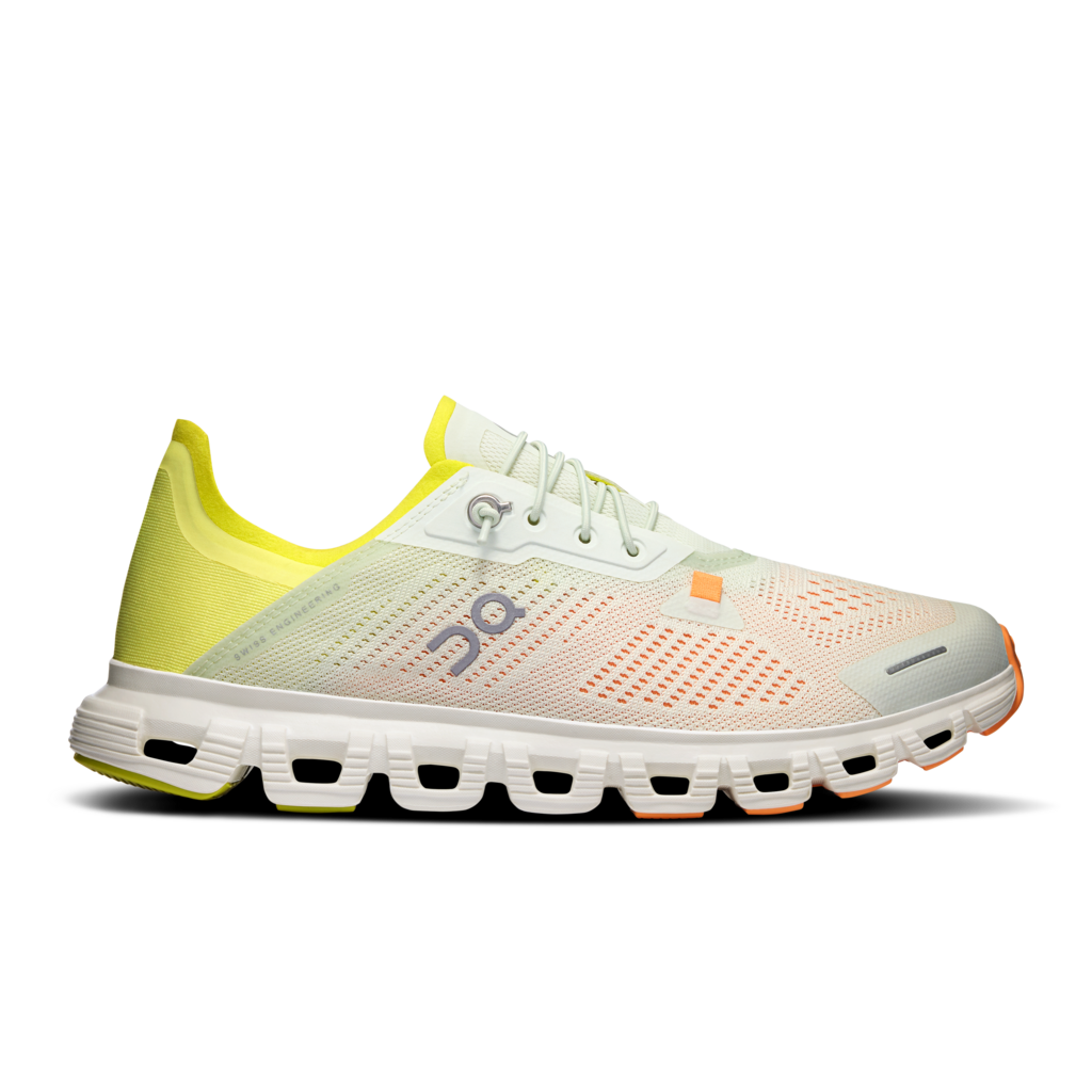 Side view on white background of Mens On Cloud 6 Coast running shoe in Aloe/Limelight, Medium (Regular) width