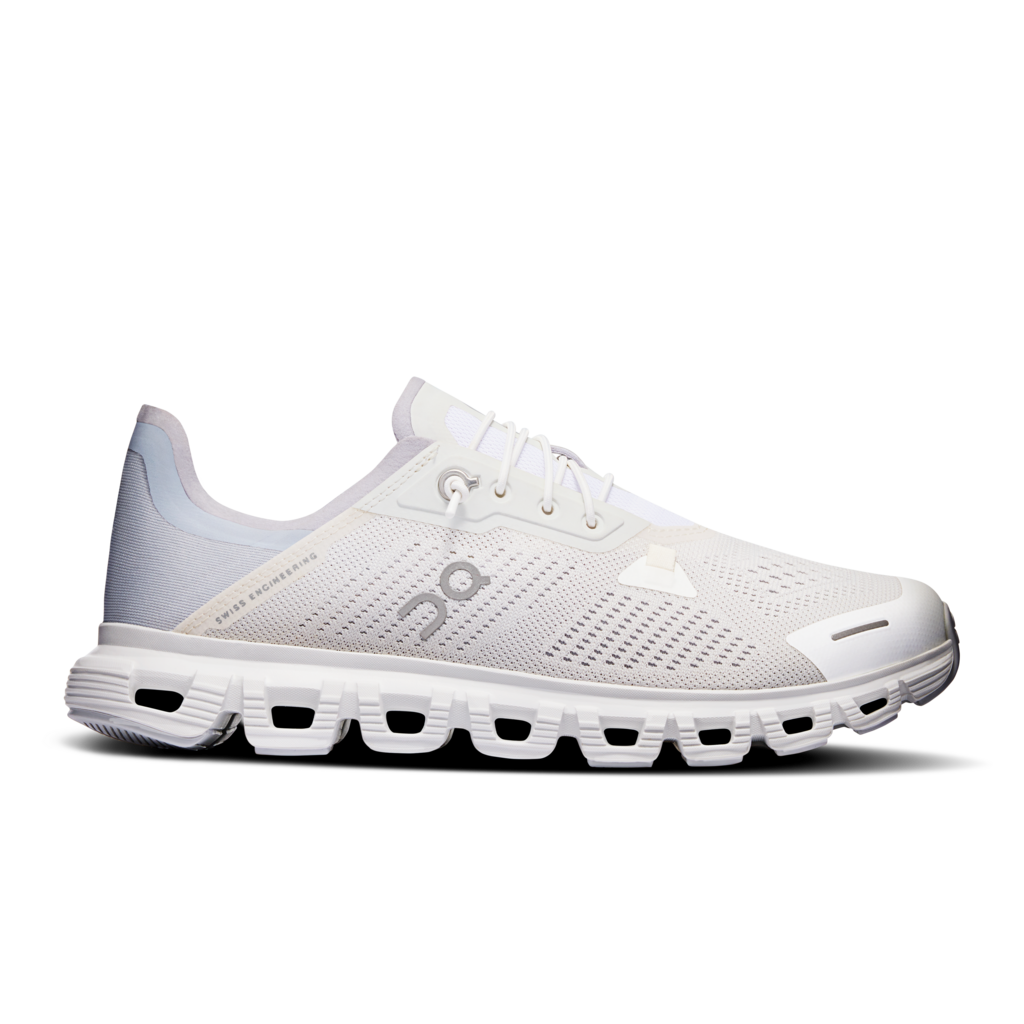 Side view on white background of Mens On Cloud 6 Coast running shoe in White/Glacier, Medium (Regular) width