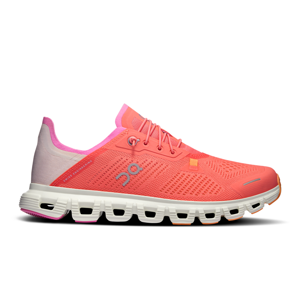 Side view on white background of Womens On Cloud 6 Coast running shoe in Blonde/Mauve, Medium (Regular) width