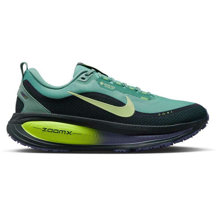 Side view on white background of Mens Nike Vomero 18 GTX running shoe in Seaweed/Barely Volt/Cannon/Volt, Medium (Regular) width
