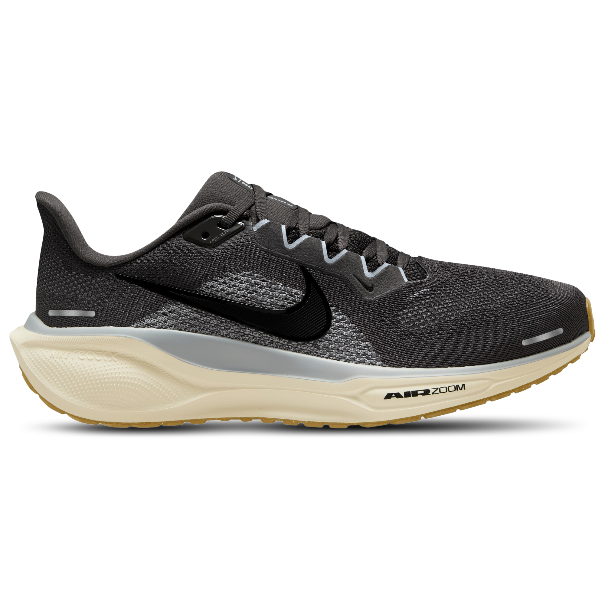 Side view on white background of Mens Nike Pegasus 41 running shoe in Medium Ash/Black-Pure Platinum, Medium (Regular) width