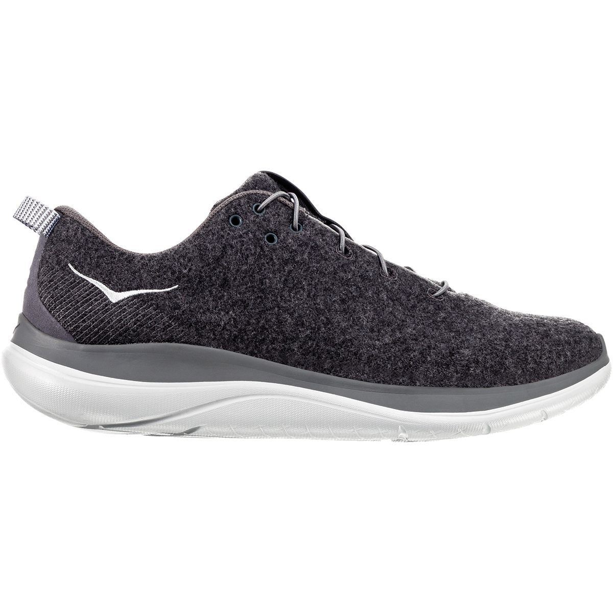 Side view on white background of Womens Hoka Hupana Flow Wool running shoe in Dark Shadow/Wild Dove, Medium (Regular) width