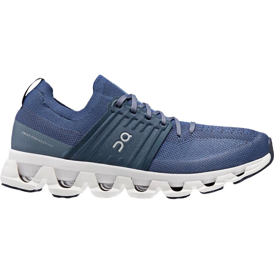 Side view on white background of Mens On Cloudswift 3 running shoe in Denim/Midnight, Medium (Regular) width