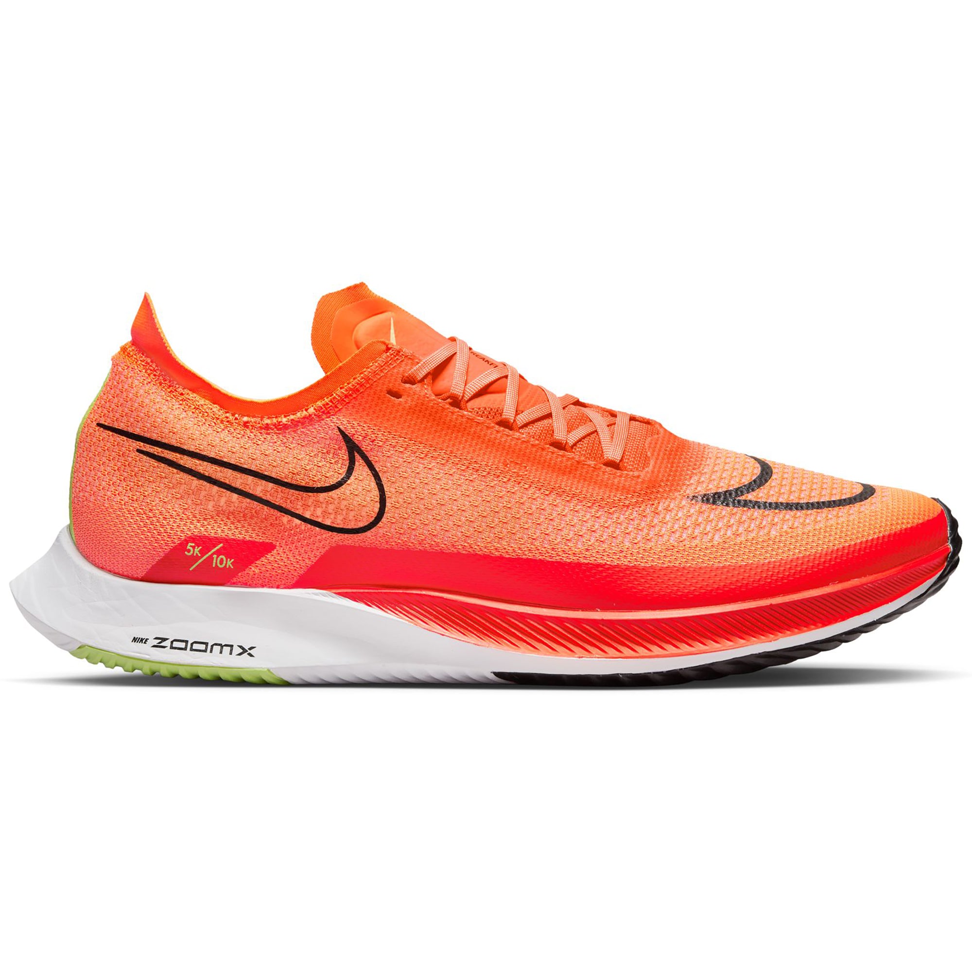 Side view on white background of Mens Nike ZoomX Streakfly running shoe in Total Orange/Black, Medium (Regular) width