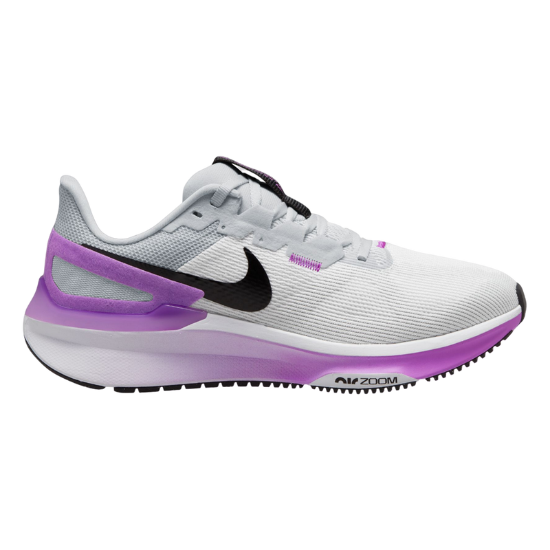 Side view on white background of Womens Nike Structure 25 running shoe in White/Black-Pure Platinum, Medium (Regular) width