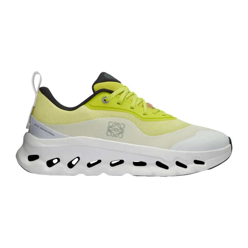Side view on white background of Womens On Cloudtilt LOEWE 2 running shoe in Neon Yellow/White, Medium (Regular) width