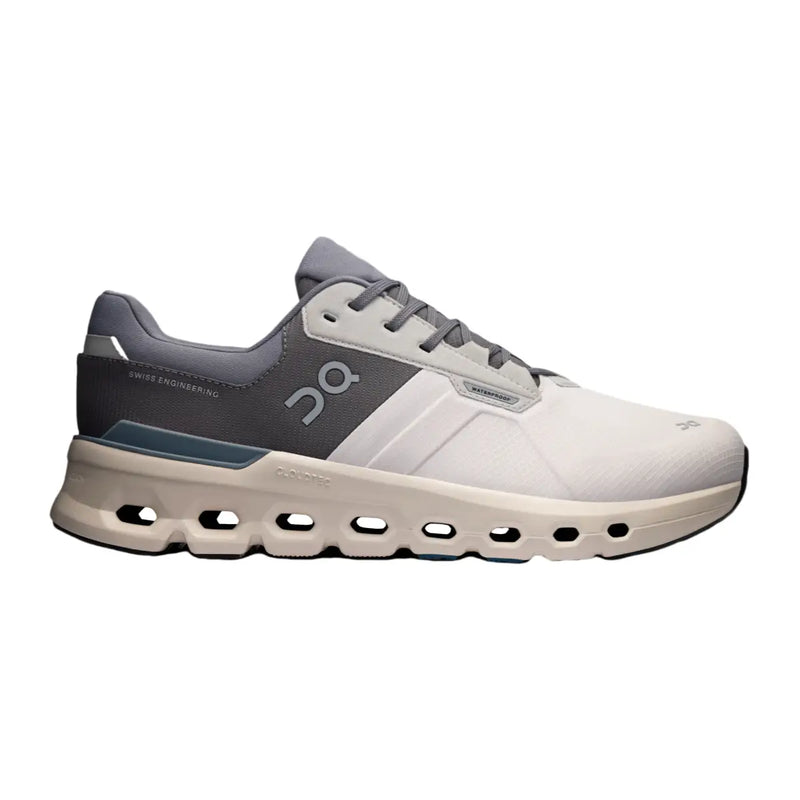 Side view on white background of Mens On Cloudrunner 2 Waterproof running shoe in Wolf/Dust, Medium (Regular) width
