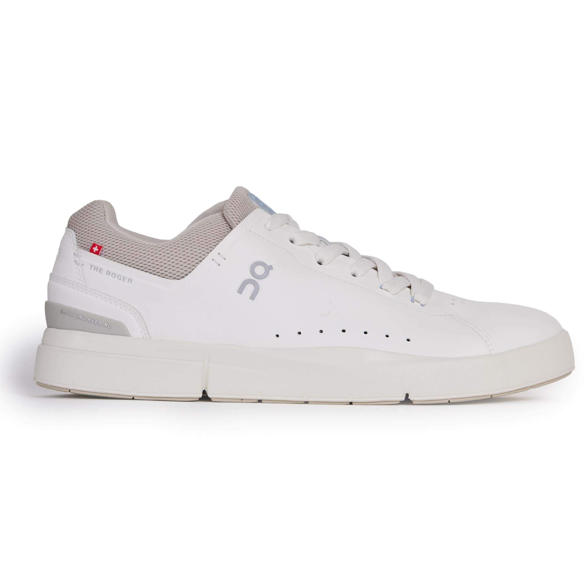 Side view on white background of Womens On The Roger Advantage 2 running shoe in White/Sand, Medium (Regular) width