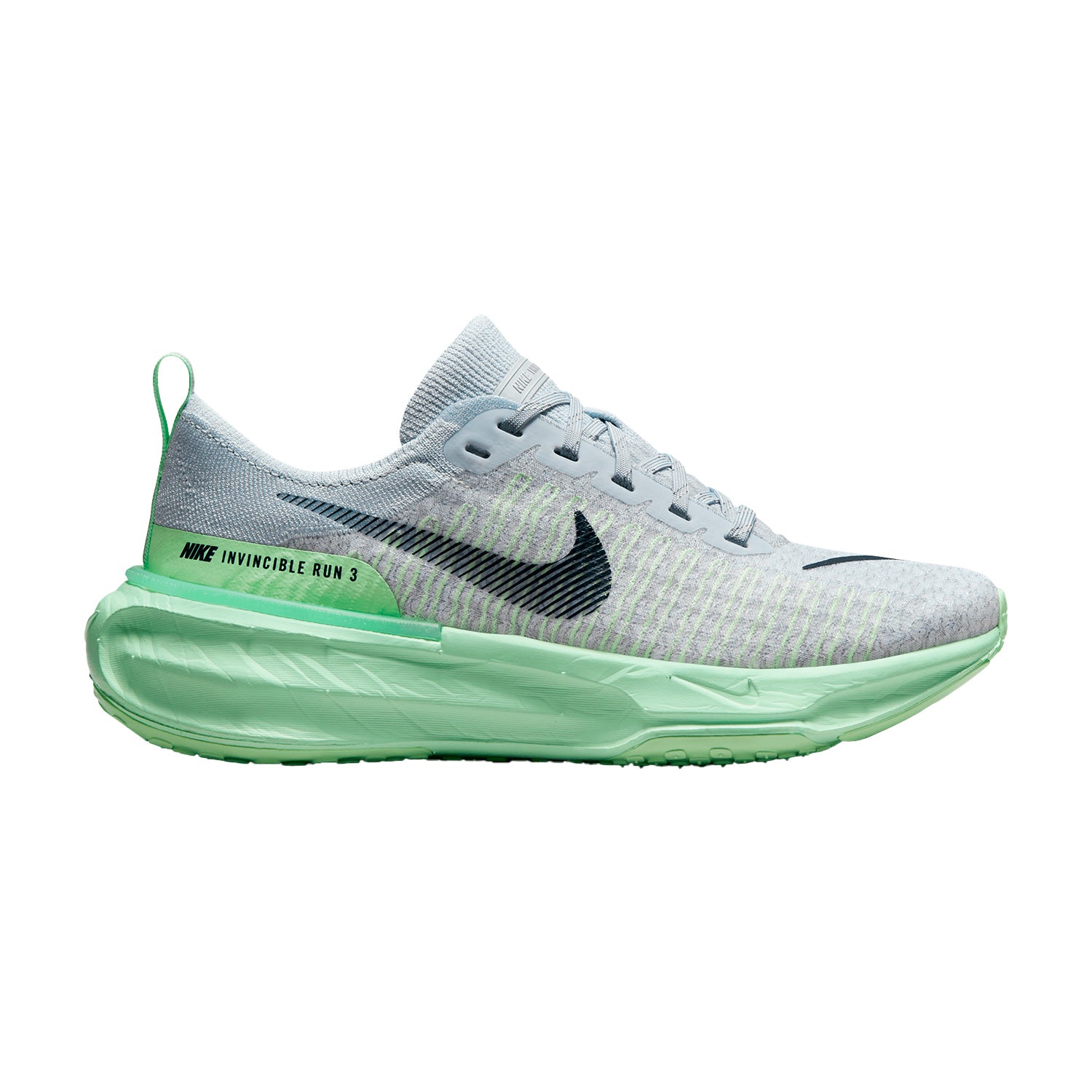 Side view on white background of Womens Nike Invincible 3 running shoe in Pure Platinum/Dark Obsidian, Medium (Regular) width