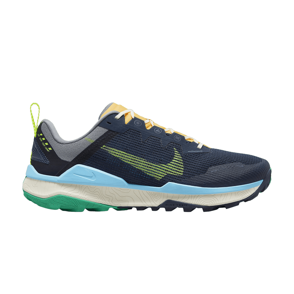 Side view on white background of Mens Nike Wildhorse 8 running shoe in Obsidian/Cool Grey/Baltic Blue/Volt, Medium (Regular) width