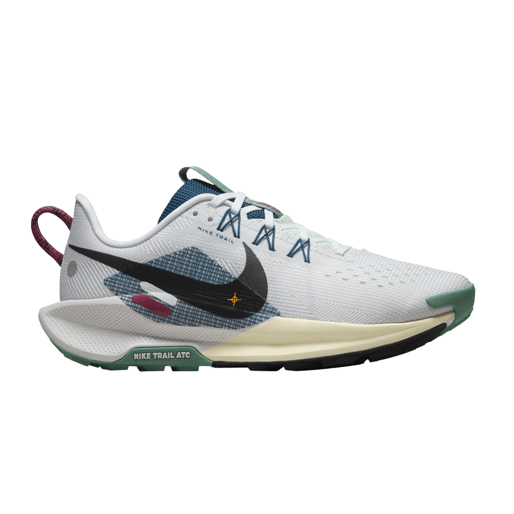 Side view on white background of Womens Nike Pegasus Trail 5 running shoe in White/Black/Court Blue/Cedar, Medium (Regular) width