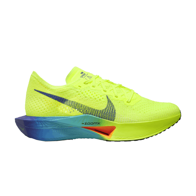 Side view on white background of Womens Nike ZoomX Vaporfly Next% 3 running shoe in Volt/Black-Scream Green, Medium (Regular) width
