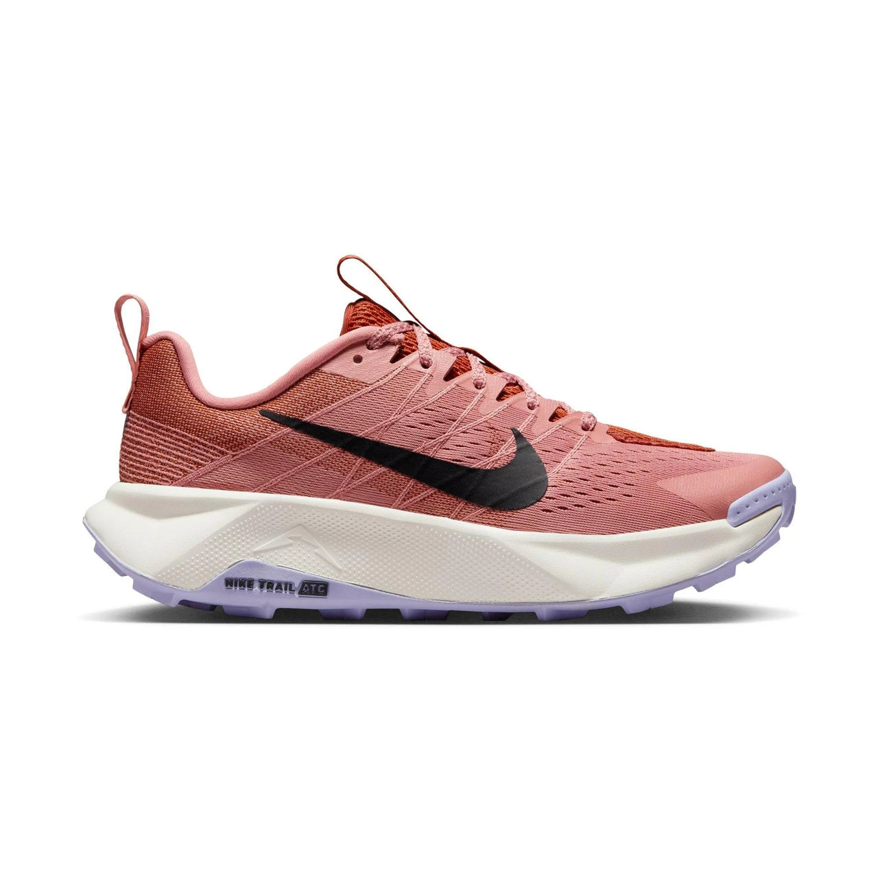 Side view on white background of Womens Nike Wildhorse 10 running shoe in Red Stardust/Black-Lilac Ice, Medium (Regular) width
