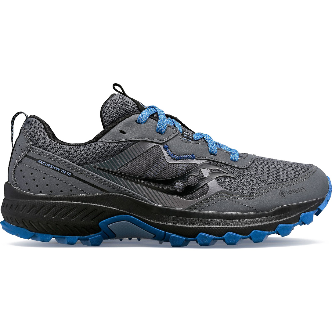 Side view on white background of Womens Saucony Excursion TR16 GTX running shoe in Shadow/Summit, Medium (Regular) width