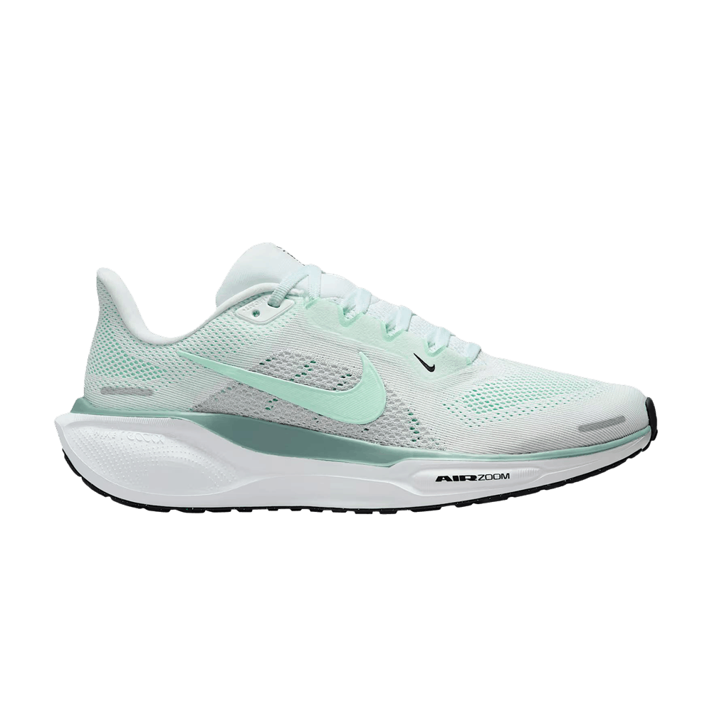 Side view on white background of Womens Nike Pegasus 41 running shoe in White/Mint Foam/Pure Platinum/Cannon, Medium (Regular) width