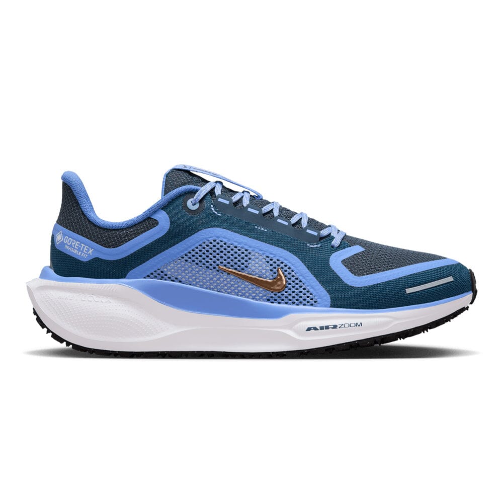Side view on white background of Womens Nike Pegasus 41 GTX running shoe in Cobalt Bliss/Metallic Red Bronze/Armory Navy, Medium (Regular) width