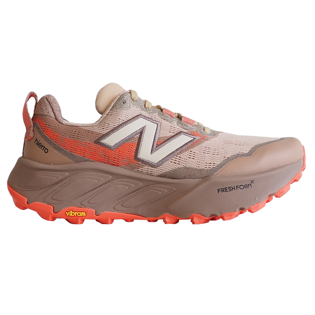 Side view on white background of Womens New Balance Fresh Foam X Hierro v9 running shoe in Desert Clay/Flat Taupe/Urgent Red, Medium (Regular) width