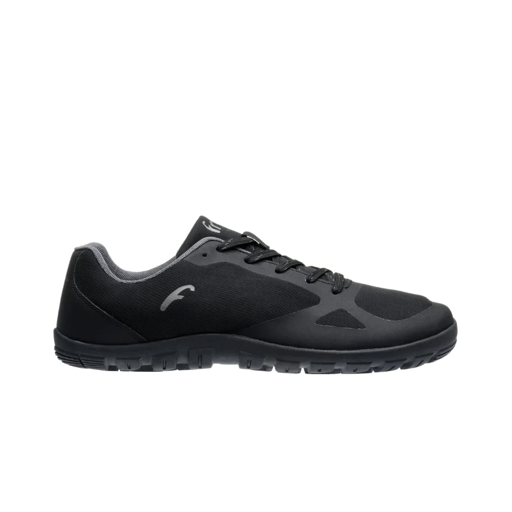 Side view on white background of Mens Freet Feldom running shoe in Grey/Black, Medium (Regular) width