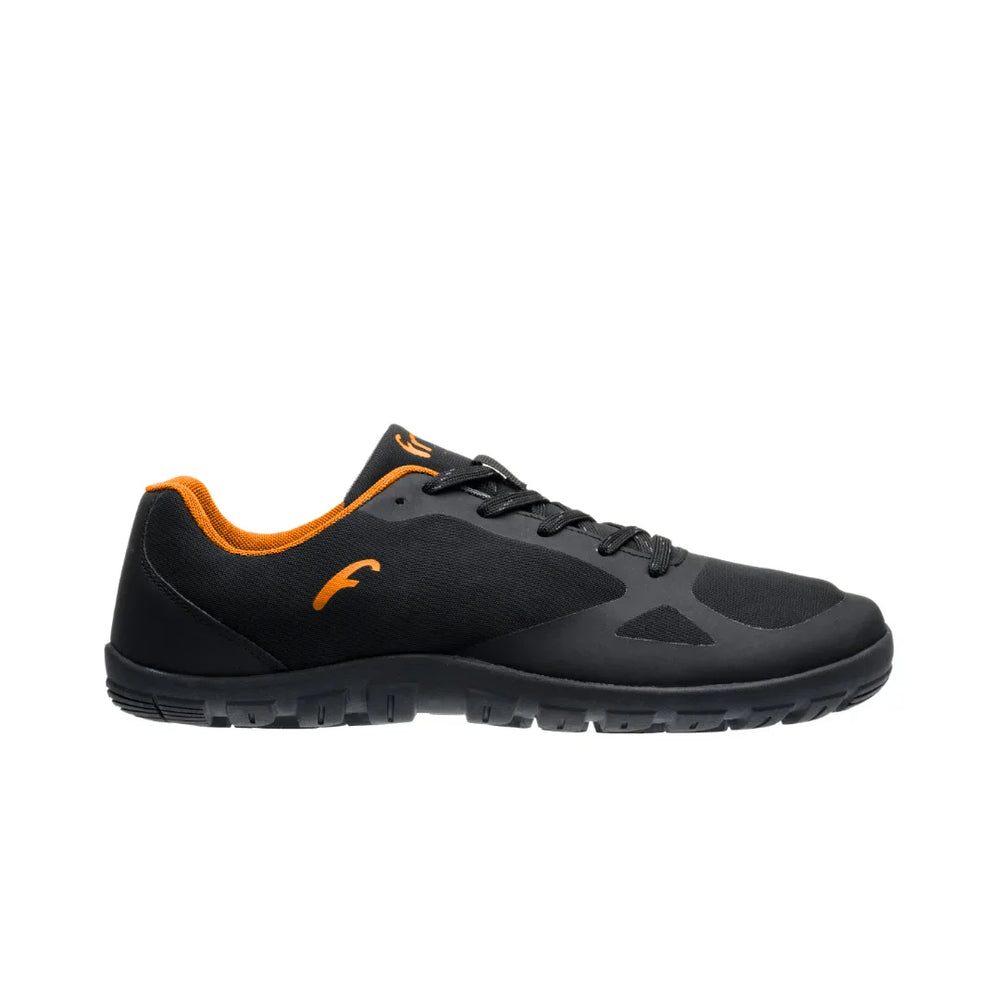 Side view on white background of Mens Freet Feldom running shoe in Black/Orange, Medium (Regular) width