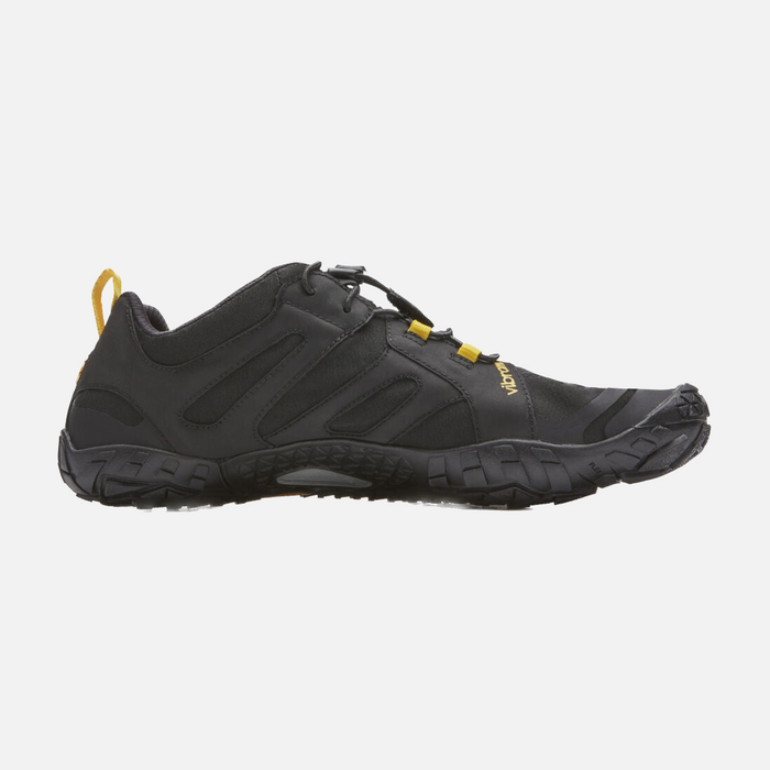 Side view on white background of Womens Vibram V-Trail 2.0 running shoe in Black/Yellow, Medium (Regular) width