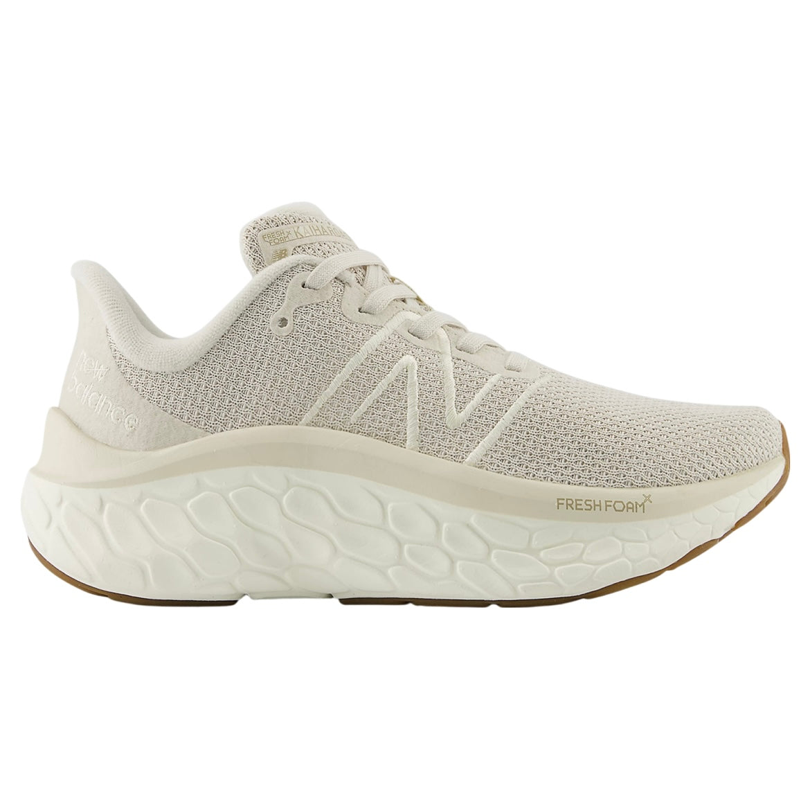 Side view on white background of Womens New Balance Fresh Foam X Kaiha Road v1 running shoe in Linen/Incense/Gum 02, Medium (Regular) width