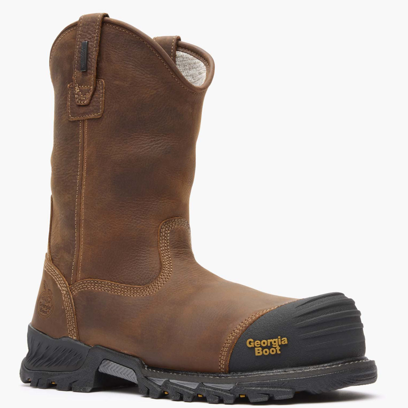 Side view on white background of Mens Georgia Boot Rumbler Pull-On running shoe in Black/Brown, Wide width