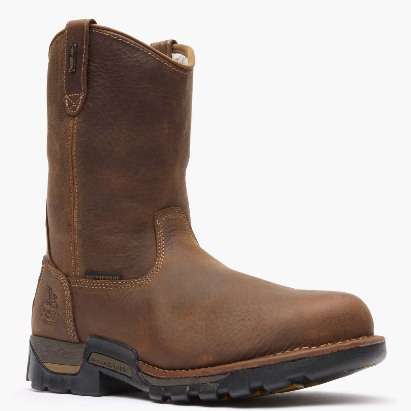 Side view on white background of Mens Georgia Boot Eagle One Pull On Boot running shoe in Brown, Medium (Regular) width
