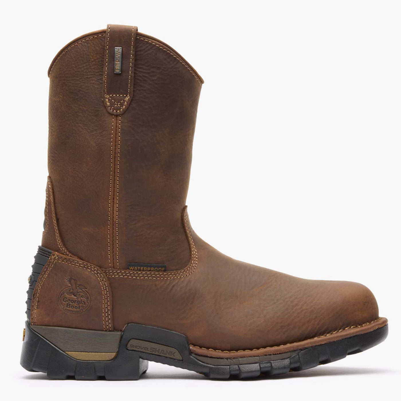 Side view on white background of Mens Georgia Boot Eagle One Pull On Boot running shoe in Brown, Wide width