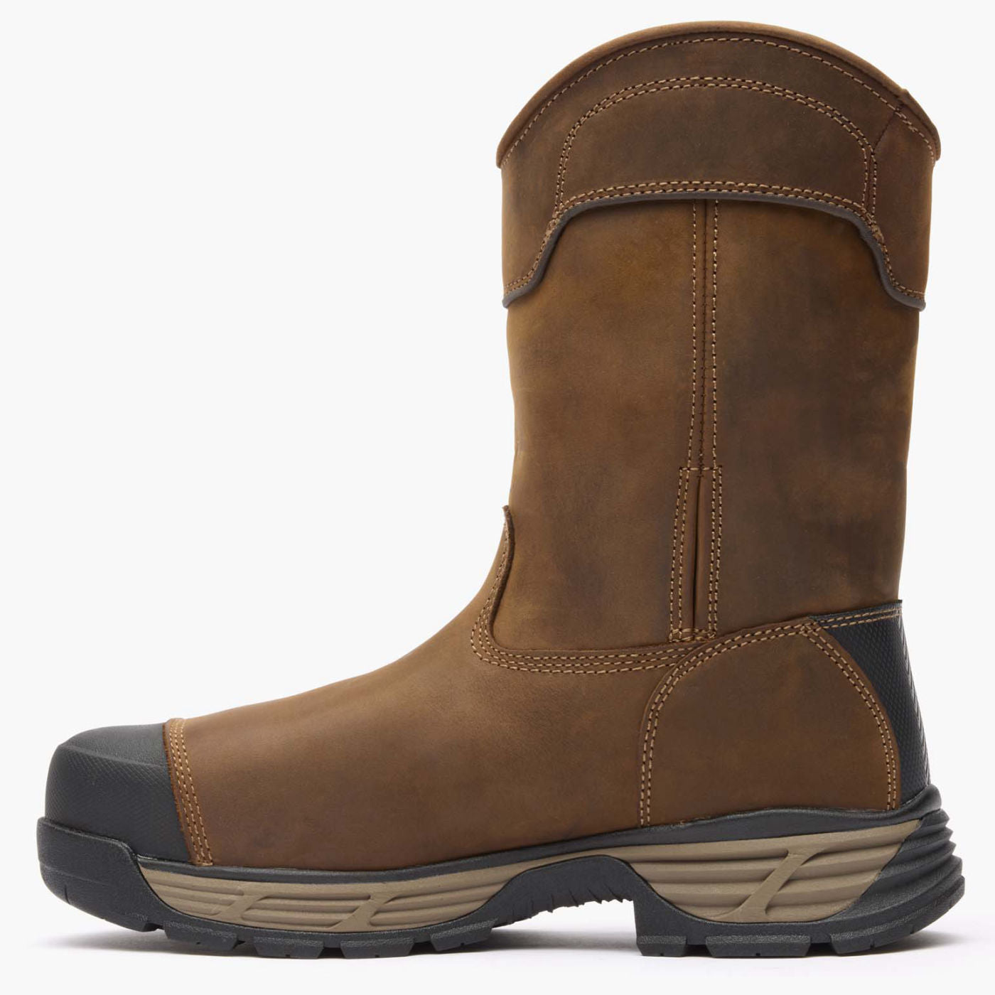 Side view of a single boot showing pull on grip on a wiite bakcground.