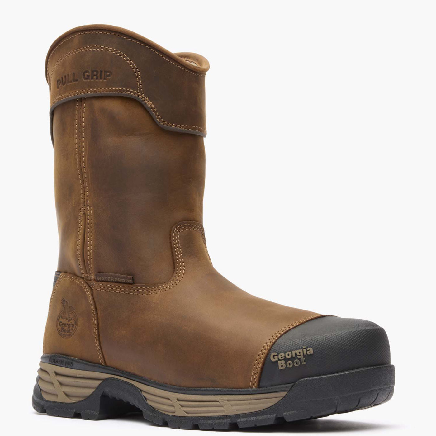 Front view of a pair of single boot showing pull straps and alloy safety toe.