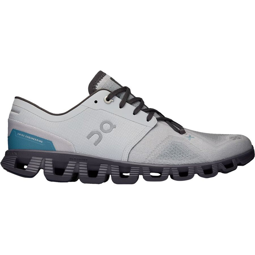 Side view on white background of Mens On Cloud X 3 running shoe in Glacier/Iron, Medium (Regular) width