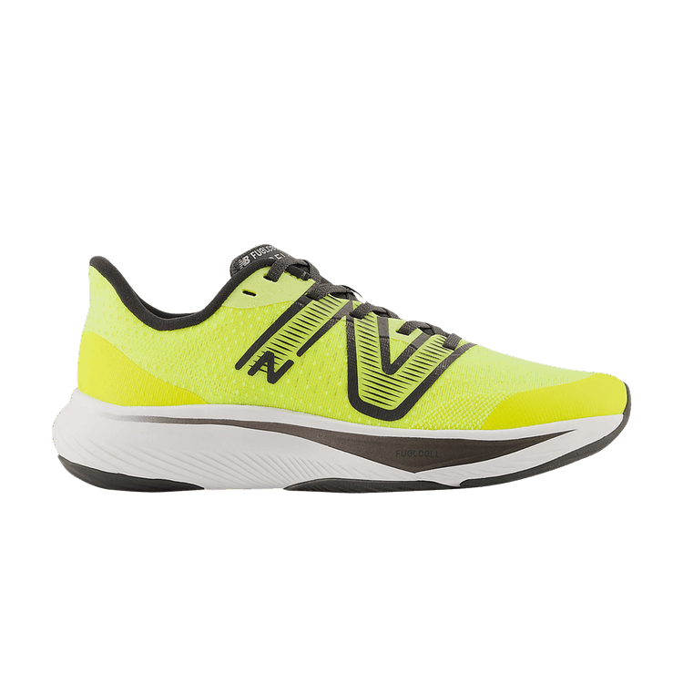 Side view on white background of Youth New Balance FuelCell Rebel v3 running shoe in Cosmic Pineapple/Black, Medium (Regular) width