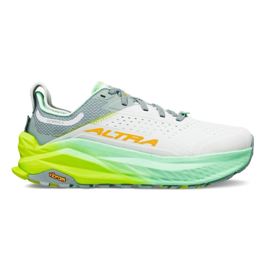 Side view on white background of Womens Altra Olympus 6 running shoe in Gray/Orange, Medium (Regular) width