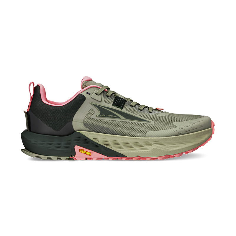 Side view on white background of Womens Altra Timp 5 running shoe in Dusty Olive, Medium (Regular) width