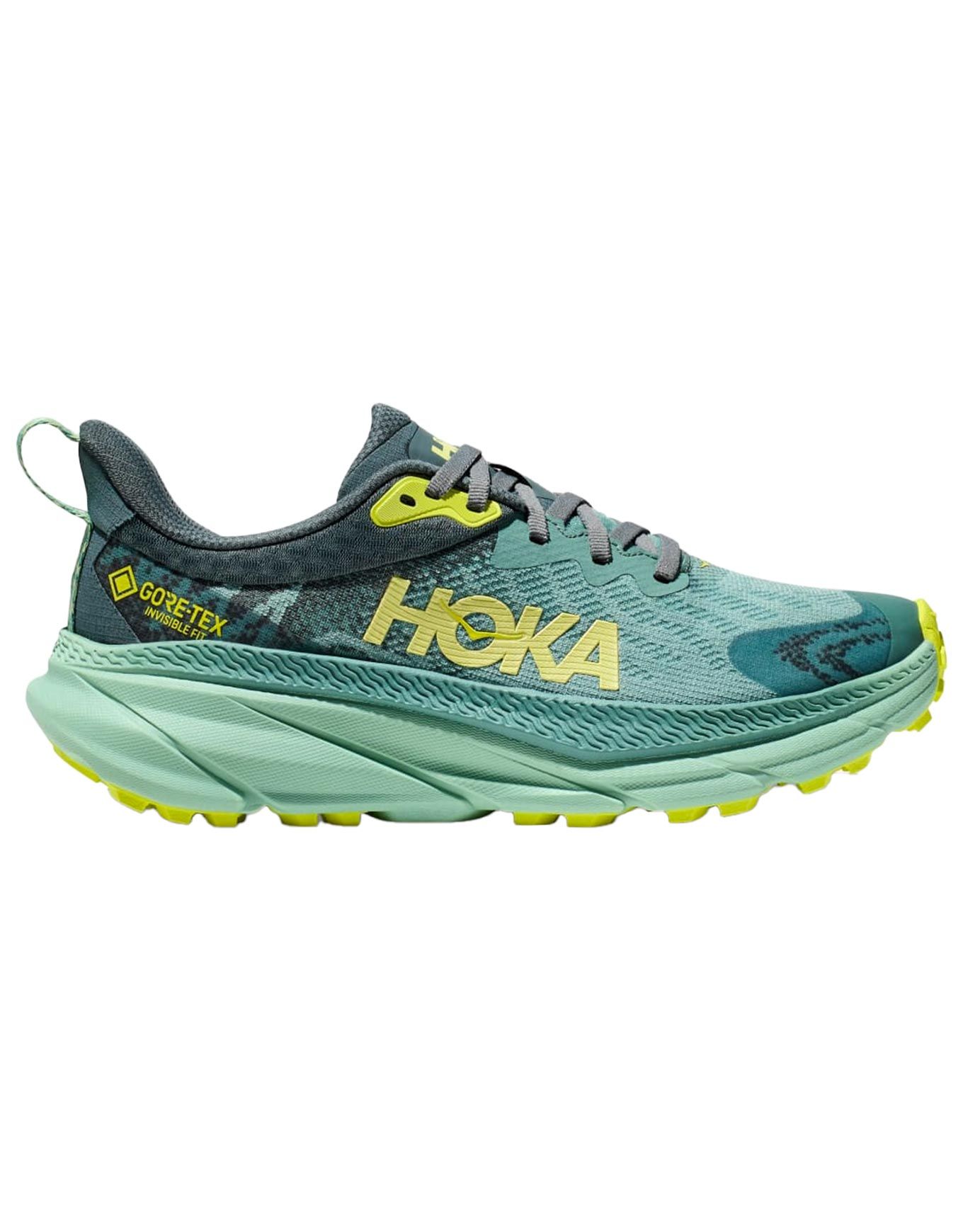 Side view on white background of Womens Hoka Challenger ATR 7 GTX running shoe in Trellis Balsam Green, Medium (Regular) width