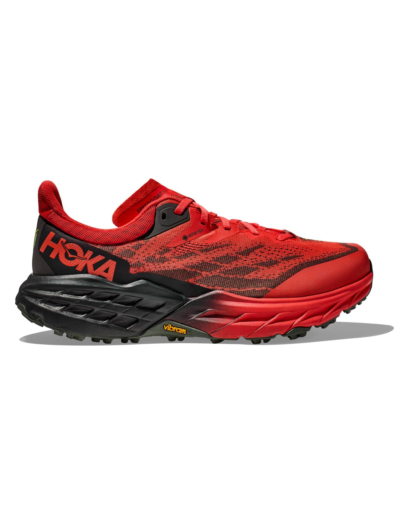Side view on white background of Mens Hoka Speedgoat 5 GTX running shoe in Red Fiesta/Thyme, Medium (Regular) width