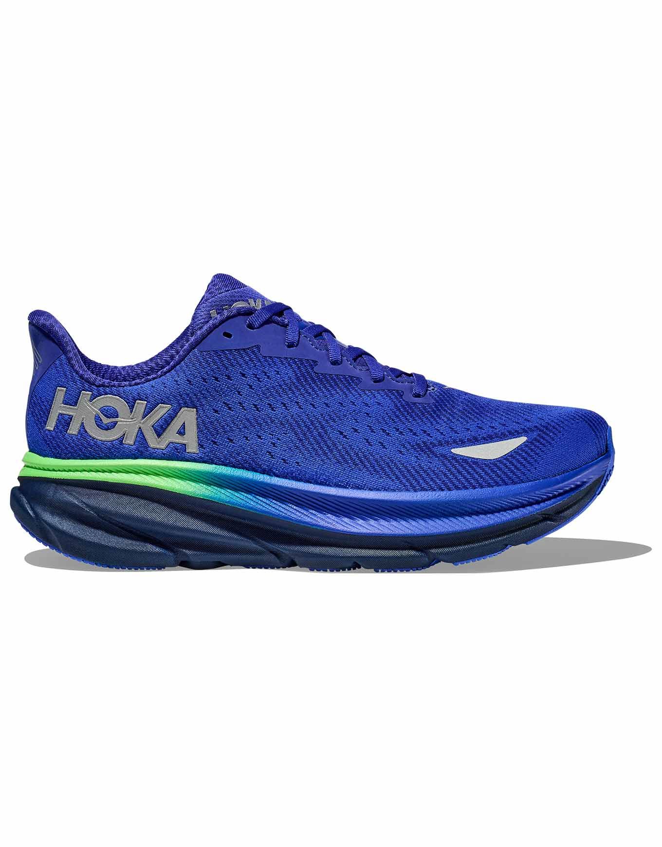 Side view on white background of Mens Hoka Clifton 9 GTX running shoe in Dazzling Blue/Evening Sky, Medium (Regular) width
