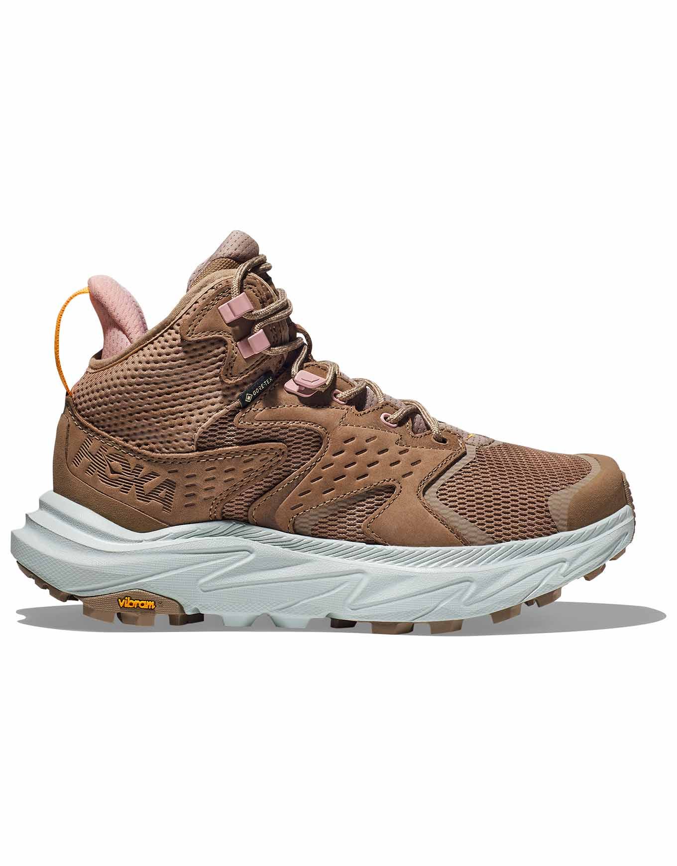 Side view on white background of Womens Hoka Anacapa 2 Mid GTX running shoe in Dune/Ice Flow, Medium (Regular) width