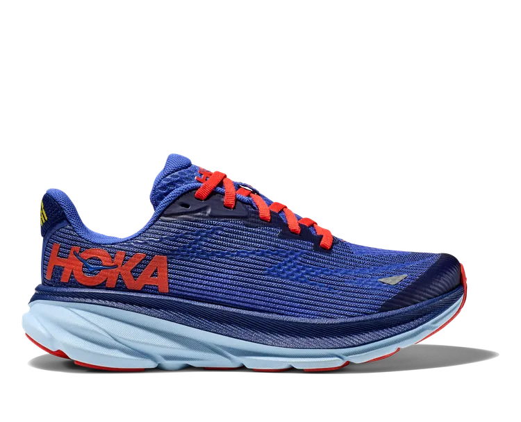 Side view on white background of Youth Hoka Clifton 9 running shoe in Bellwether Blue/Dazzling Blue, Medium (Regular) width