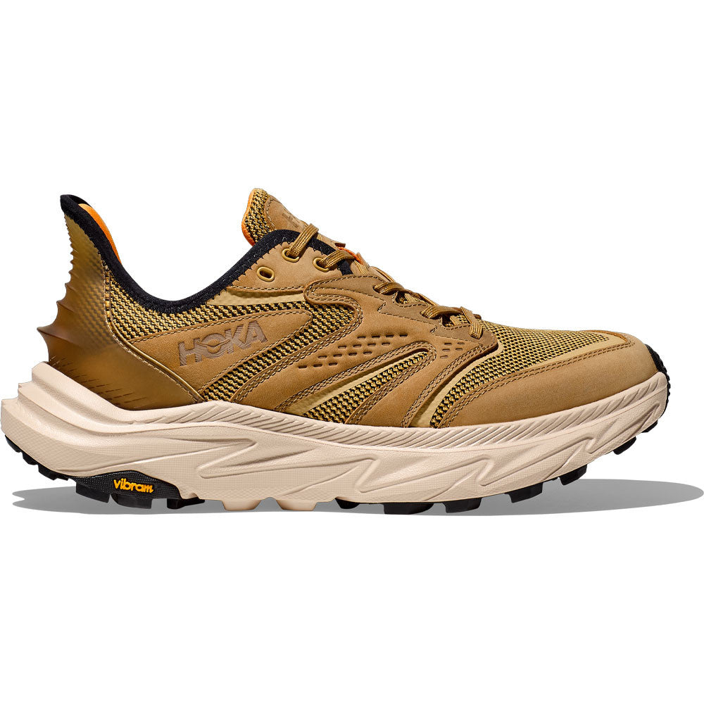 Side view on white background of Mens Hoka Anacapa 2 Freedom running shoe in Wheat/Oak, Medium (Regular) width