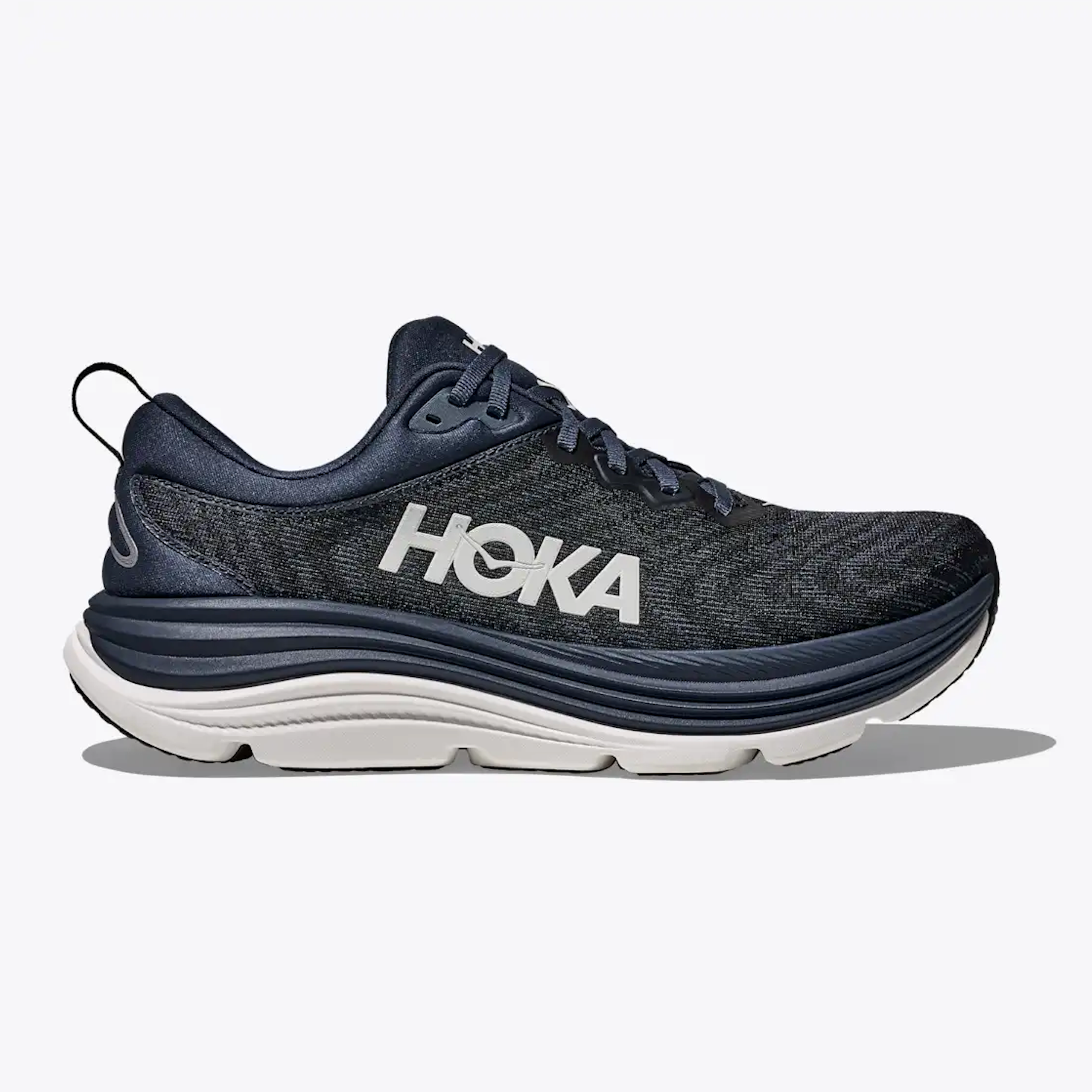 Side view on white background of Mens Hoka Gaviota 4 running shoe in Varsity Navy/White, Wide width
