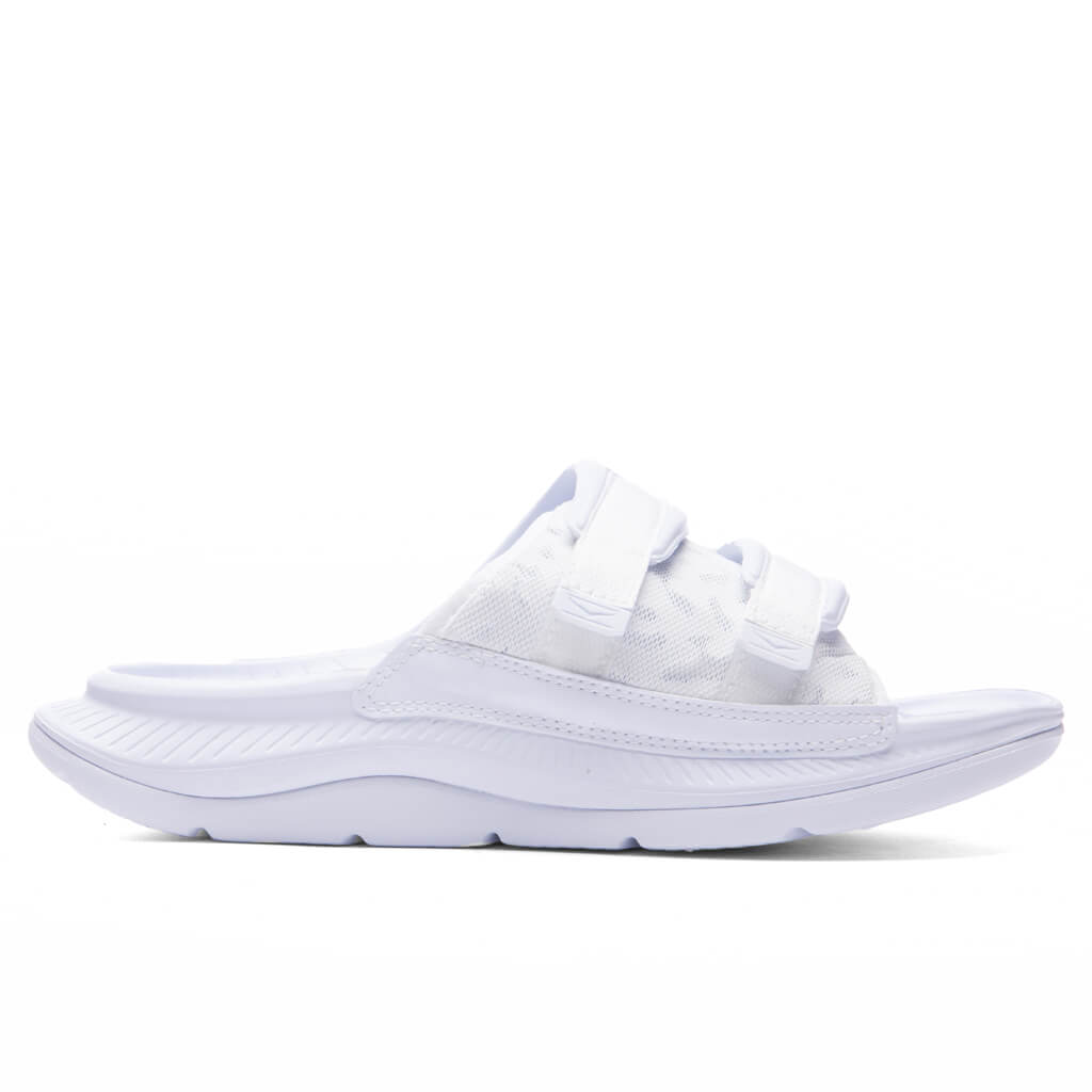 Side view on white background of Mens Hoka Ora Luxe running shoe in White/White, Medium (Regular) width