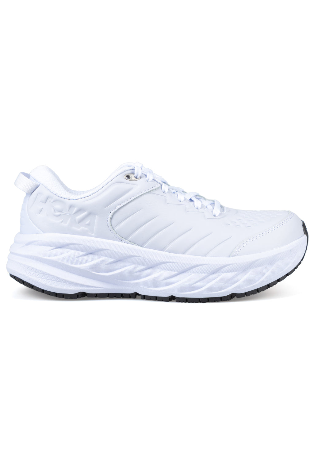 Side view on white background of Mens Hoka Bondi SR running shoe in White/White, Medium (Regular) width